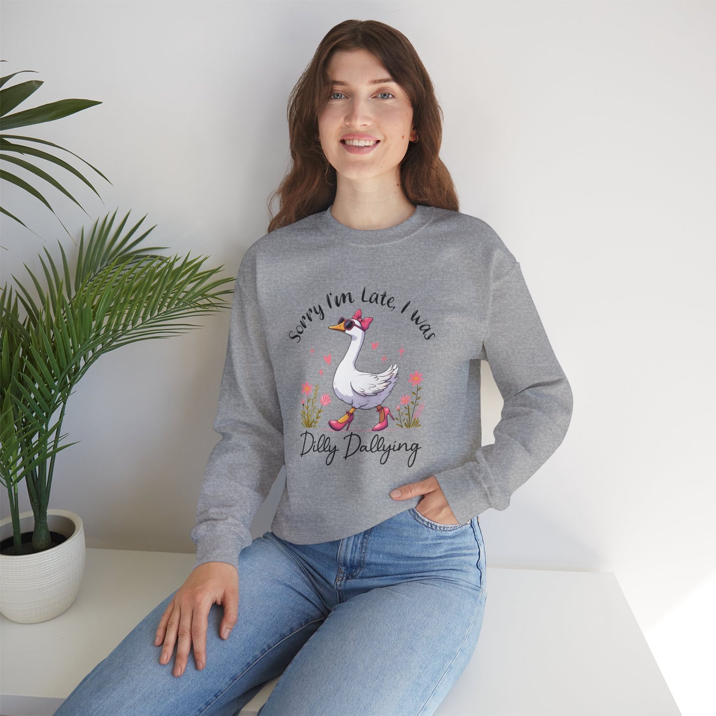 Whimsical Duck Sweatshirt, Sorry I'm Late, Cute Crewneck, Perfect for Casual Outfits, Gift for Animal Lovers, Fun Fall Apparel