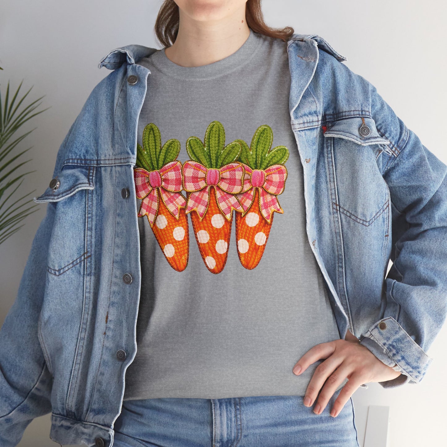 Carrot Trio Graphic Tee — Polka Dot Carrots with Gingham Bows