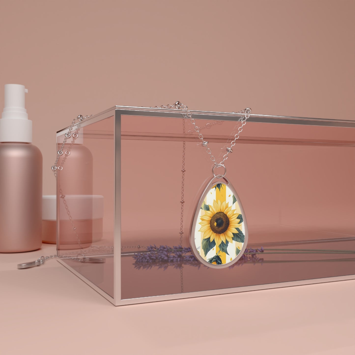 Sunflower Oval Necklace — Teardrop Floral Pendant Necklace