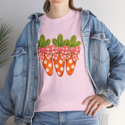Carrot Trio Graphic Tee — Polka Dot Carrots with Gingham Bows
