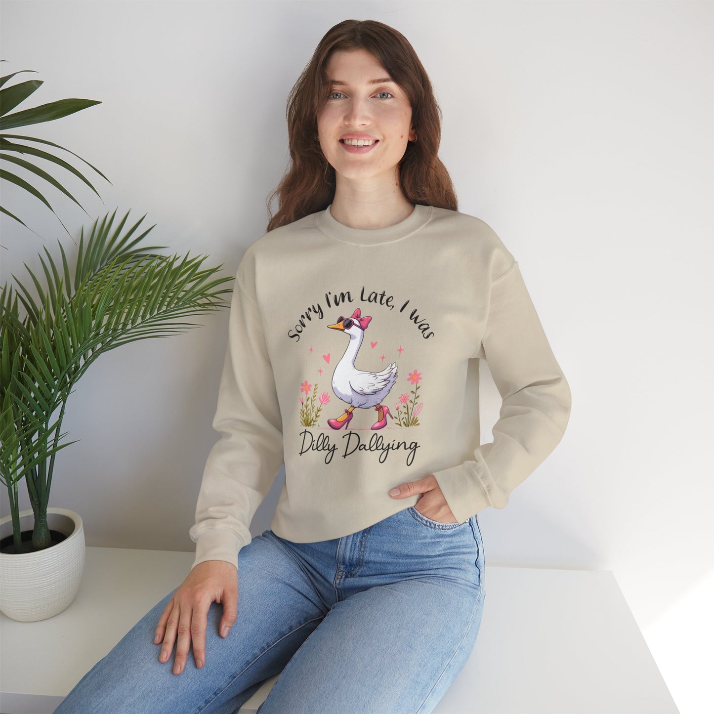 Whimsical Duck Sweatshirt, Sorry I'm Late, Cute Crewneck, Perfect for Casual Outfits, Gift for Animal Lovers, Fun Fall Apparel