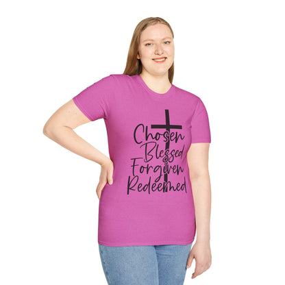 Faith-Inspired Unisex T-Shirt, Chosen Blessed Forgiven Redeemed Tee, Christian Apparel, Inspirational Gifts, Casual Wear, Spiritual Clothing