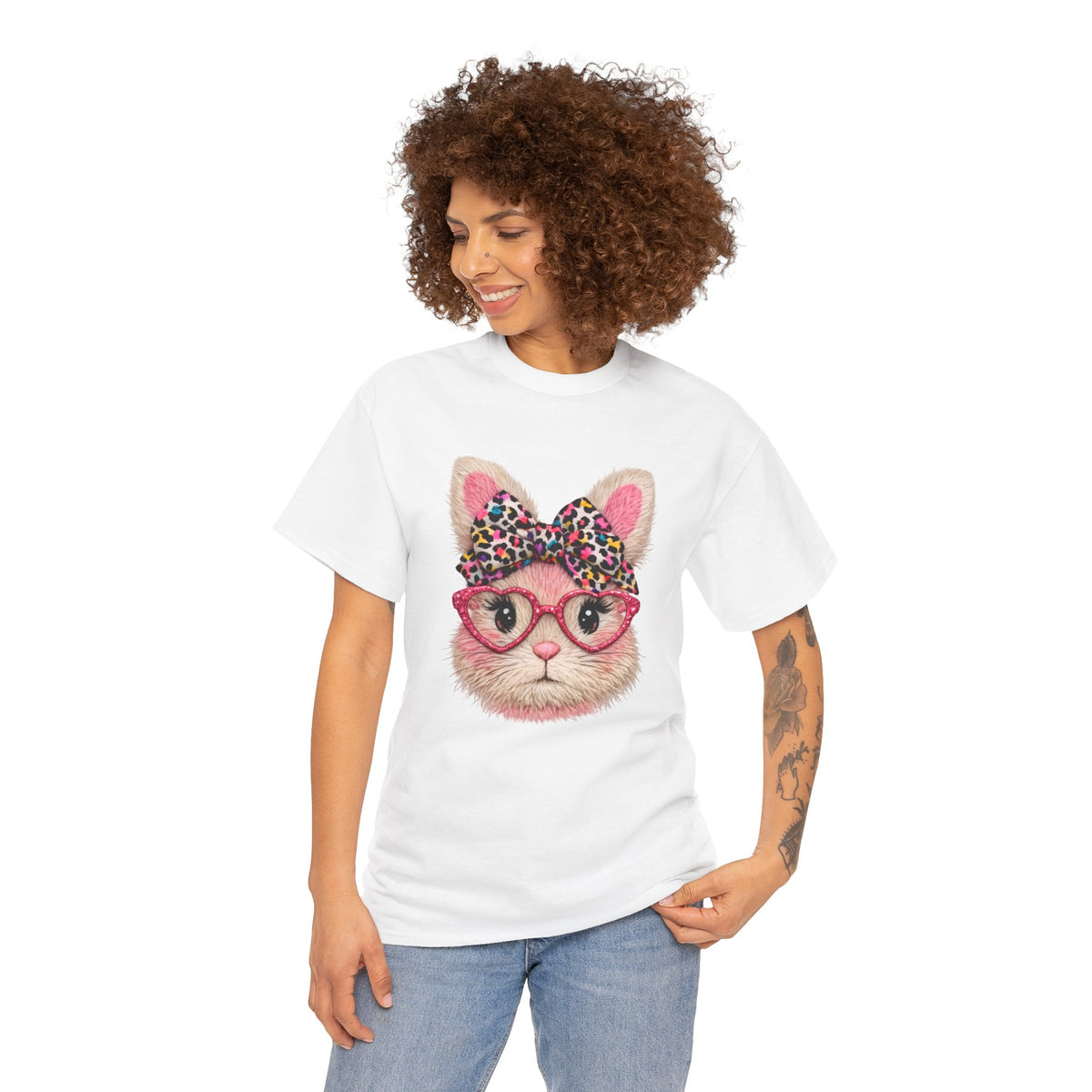 Cat Face Tee — Pink Glasses & Leopard Bow Graphic T-Shirt