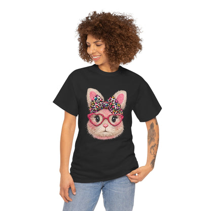 Cat Face Tee — Pink Glasses & Leopard Bow Graphic T-Shirt