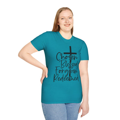 Faith-Inspired Unisex T-Shirt, Chosen Blessed Forgiven Redeemed Tee, Christian Apparel, Inspirational Gifts, Casual Wear, Spiritual Clothing