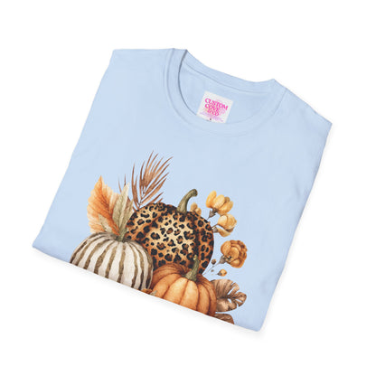 Autumn Pumpkin Tee, Cozy Fall T-Shirt for Women, Unisex Softstyle Shirt, Halloween Outfit, Thanksgiving Apparel, Seasonal Graphic Tee