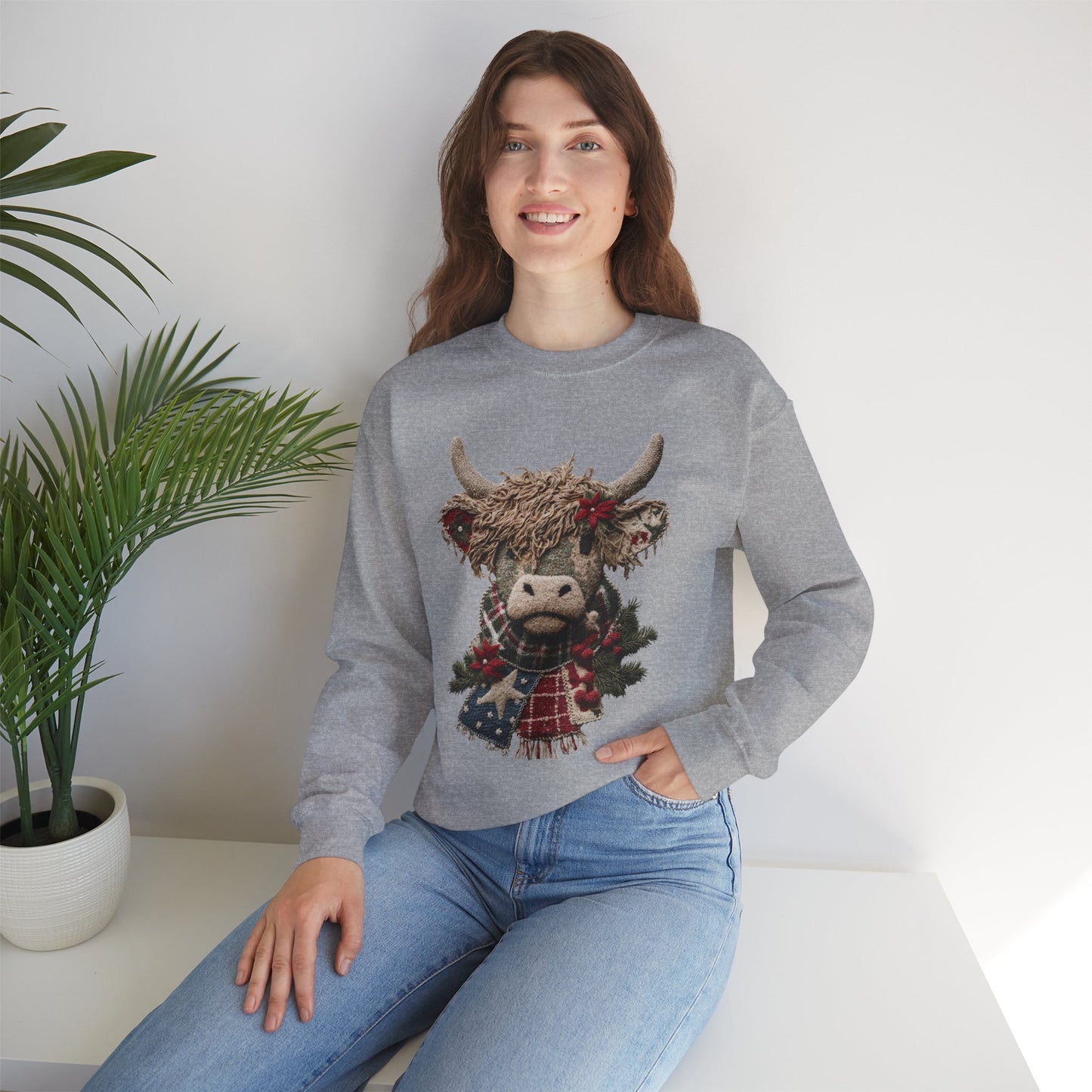 Cozy Holiday Crewneck Sweatshirt with Festive Highland Cow Design