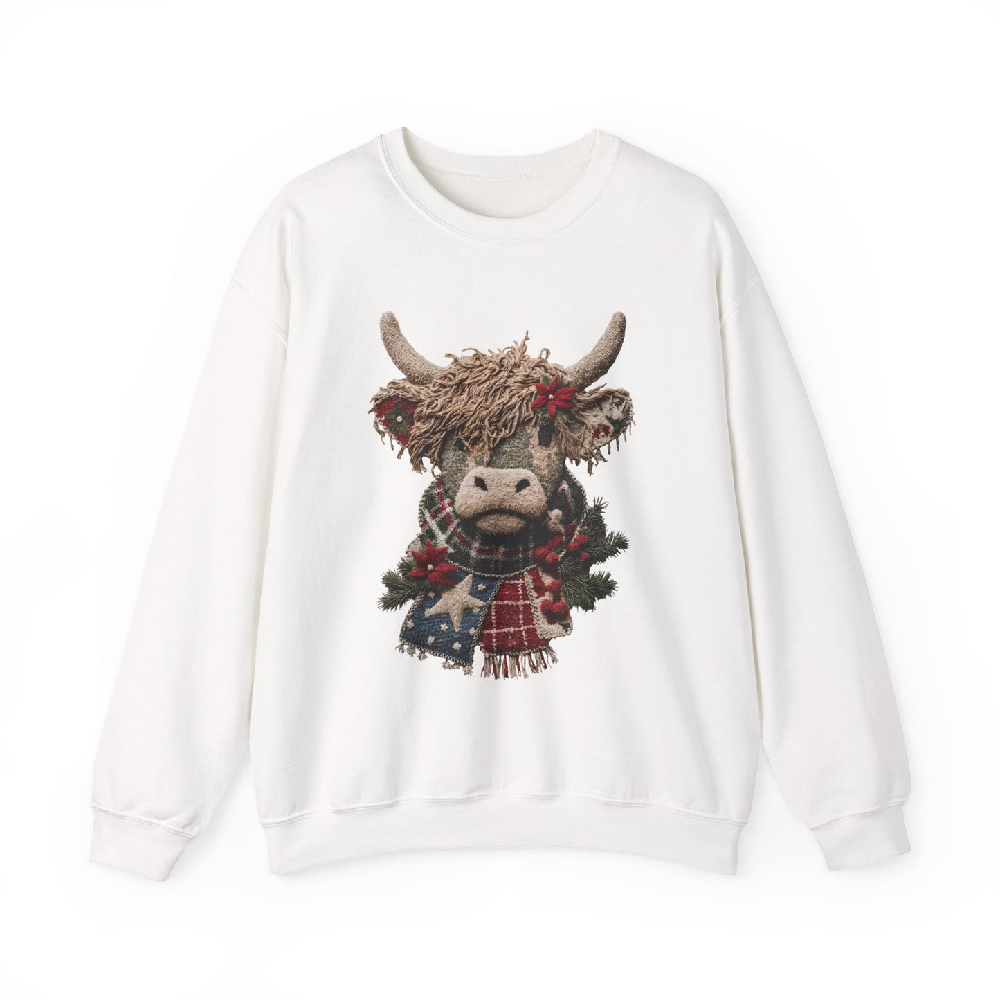 Cozy Holiday Crewneck Sweatshirt with Festive Highland Cow Design