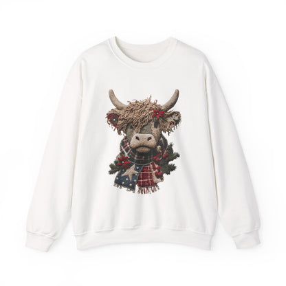 Cozy Holiday Crewneck Sweatshirt with Festive Highland Cow Design
