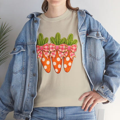 Carrot Trio Graphic Tee — Polka Dot Carrots with Gingham Bows