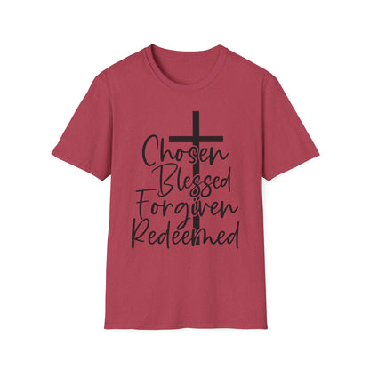 Faith-Inspired Unisex T-Shirt, Chosen Blessed Forgiven Redeemed Tee, Christian Apparel, Inspirational Gifts, Casual Wear, Spiritual Clothing