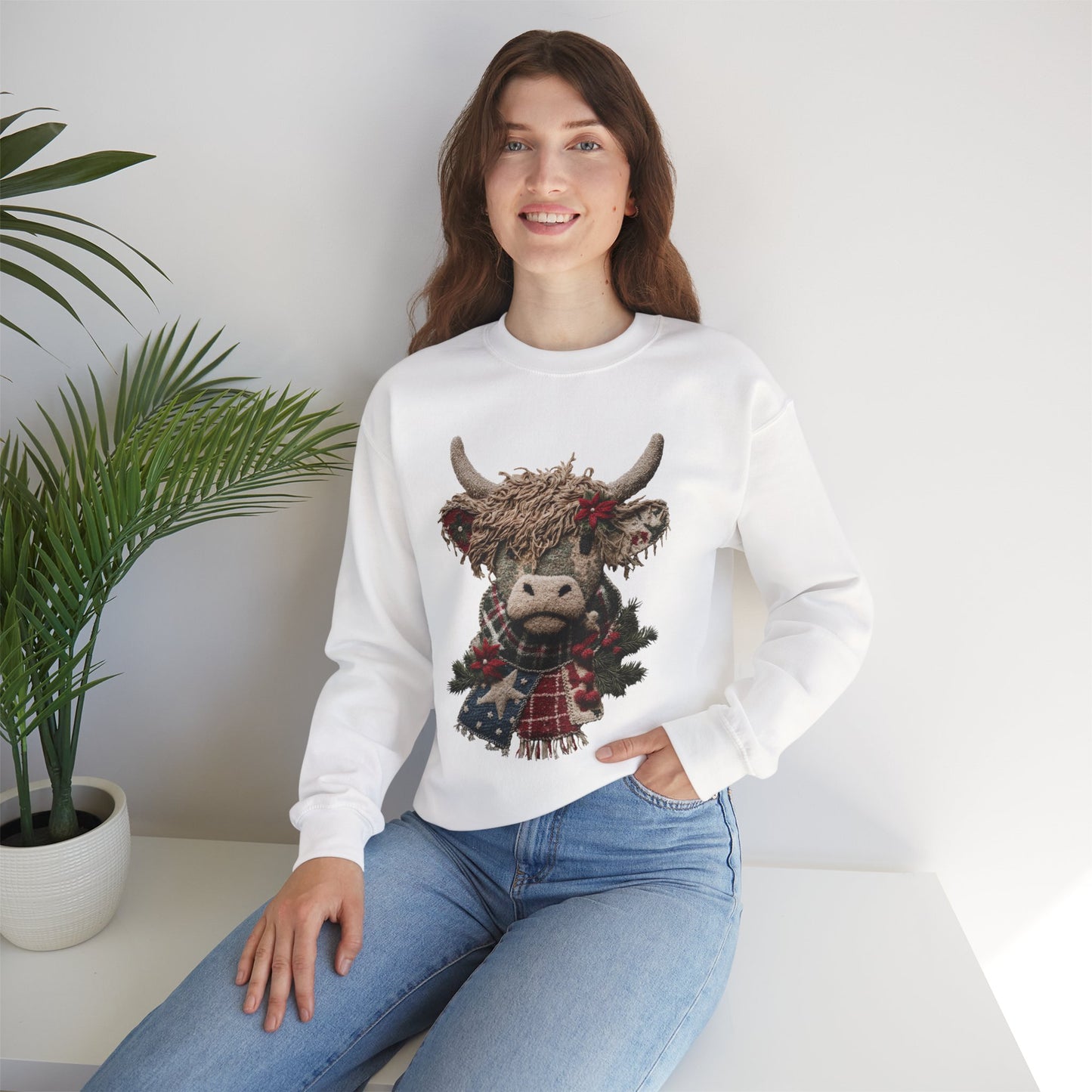 Cozy Holiday Crewneck Sweatshirt with Festive Highland Cow Design