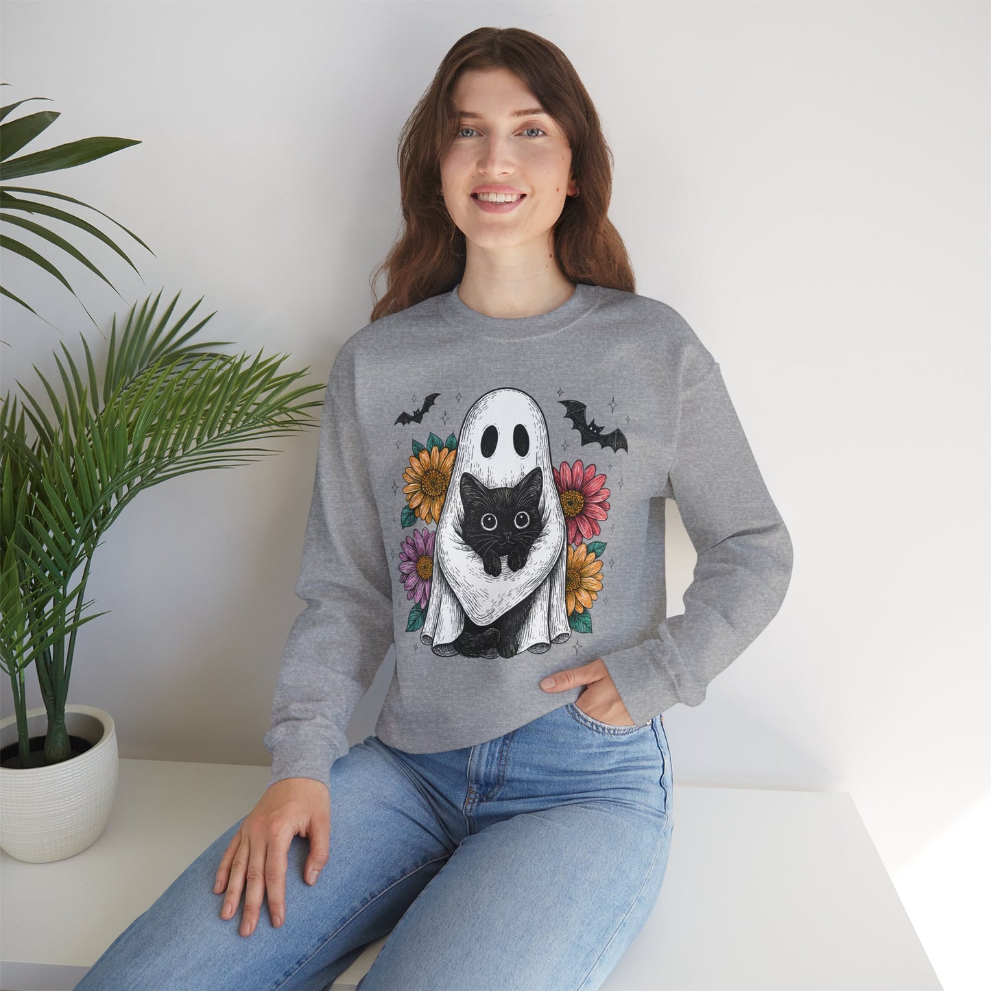Halloween Cat Ghost Sweatshirt, Cozy Crewneck Sweater, Fall Fashion, Unisex Sweatshirt, Gift for Cat Lovers, Cute Halloween Apparel
