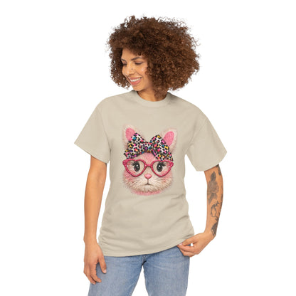 Cat Face Tee — Pink Glasses & Leopard Bow Graphic T-Shirt