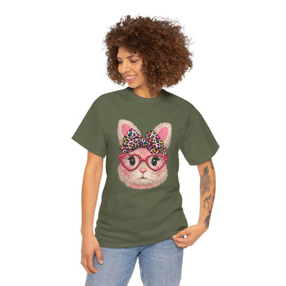 Cat Face Tee — Pink Glasses & Leopard Bow Graphic T-Shirt