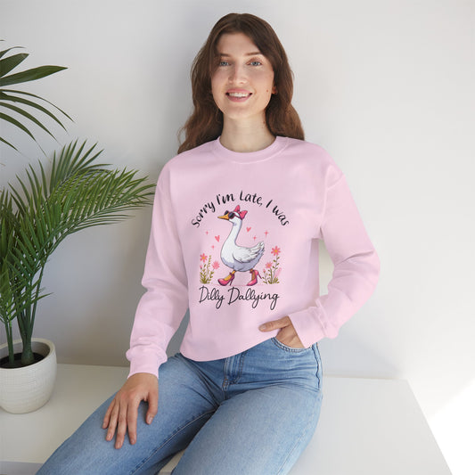 Whimsical Duck Sweatshirt, Sorry I'm Late, Cute Crewneck, Perfect for Casual Outfits, Gift for Animal Lovers, Fun Fall Apparel
