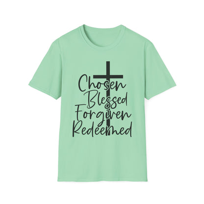 Faith-Inspired Unisex T-Shirt, Chosen Blessed Forgiven Redeemed Tee, Christian Apparel, Inspirational Gifts, Casual Wear, Spiritual Clothing