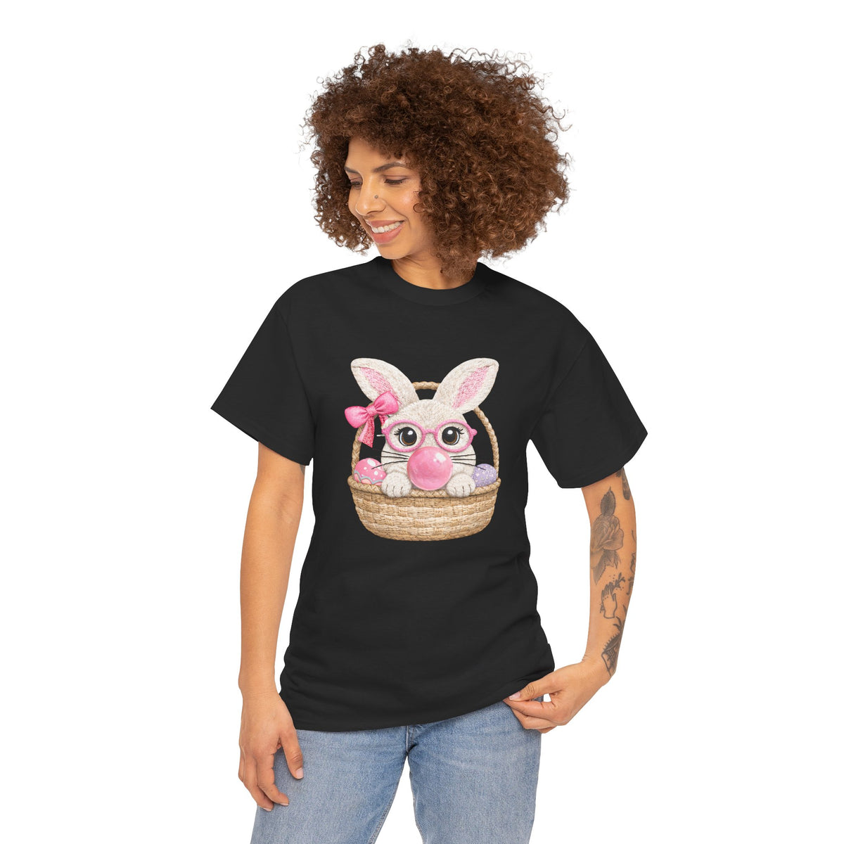 Easter Bunny Basket T-Shirt — Cute Pink Bunny in Wicker Basket Tee