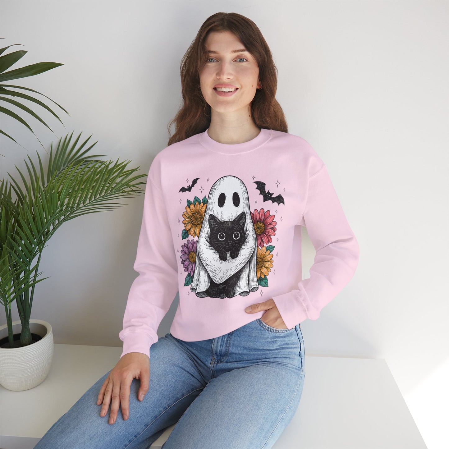 Halloween Cat Ghost Sweatshirt, Cozy Crewneck Sweater, Fall Fashion, Unisex Sweatshirt, Gift for Cat Lovers, Cute Halloween Apparel