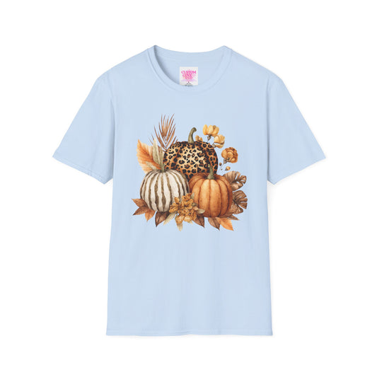 Autumn Pumpkin Tee, Cozy Fall T-Shirt for Women, Unisex Softstyle Shirt, Halloween Outfit, Thanksgiving Apparel, Seasonal Graphic Tee