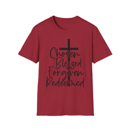 Faith-Inspired Unisex T-Shirt, Chosen Blessed Forgiven Redeemed Tee, Christian Apparel, Inspirational Gifts, Casual Wear, Spiritual Clothing