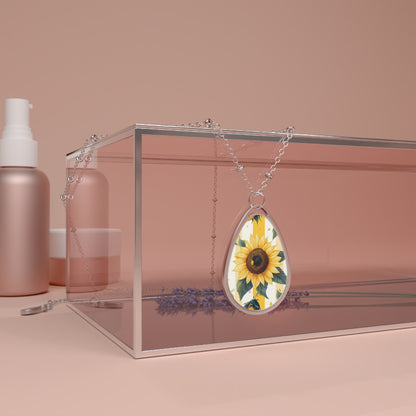 Sunflower Oval Necklace — Teardrop Floral Pendant Necklace