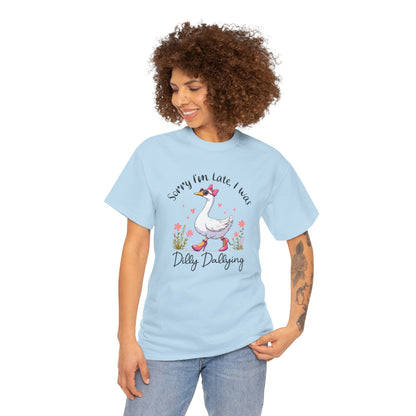 Funny Sorry I'm Late Unisex Heavy Cotton Tee, Cute Animal Tee, Gift for Friends, Casual Wear, Quirky T-shirt, Comfortable Style