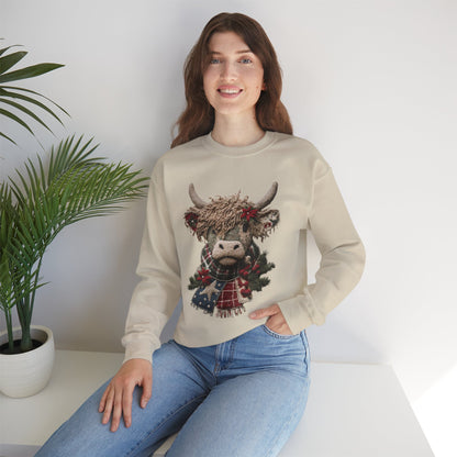 Cozy Holiday Crewneck Sweatshirt with Festive Highland Cow Design