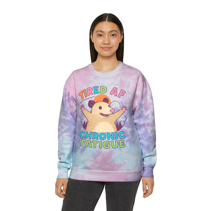 Unisex Tie-Dye Sweatshirt: Tired AF Chronic Fatigue, Cozy Casual Wear, Gift for the Sleepy, Relaxation Apparel, Trendy Fashion Statement