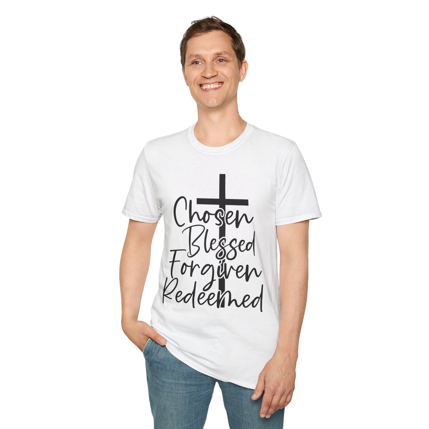 Faith-Inspired Unisex T-Shirt, Chosen Blessed Forgiven Redeemed Tee, Christian Apparel, Inspirational Gifts, Casual Wear, Spiritual Clothing