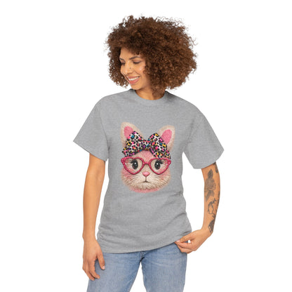 Cat Face Tee — Pink Glasses & Leopard Bow Graphic T-Shirt