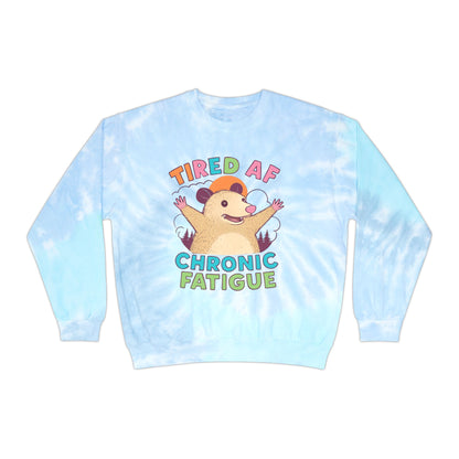 Unisex Tie-Dye Sweatshirt: Tired AF Chronic Fatigue, Cozy Casual Wear, Gift for the Sleepy, Relaxation Apparel, Trendy Fashion Statement