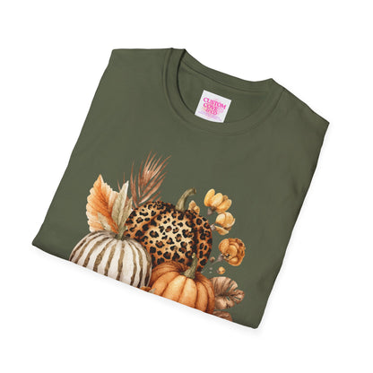 Autumn Pumpkin Tee, Cozy Fall T-Shirt for Women, Unisex Softstyle Shirt, Halloween Outfit, Thanksgiving Apparel, Seasonal Graphic Tee