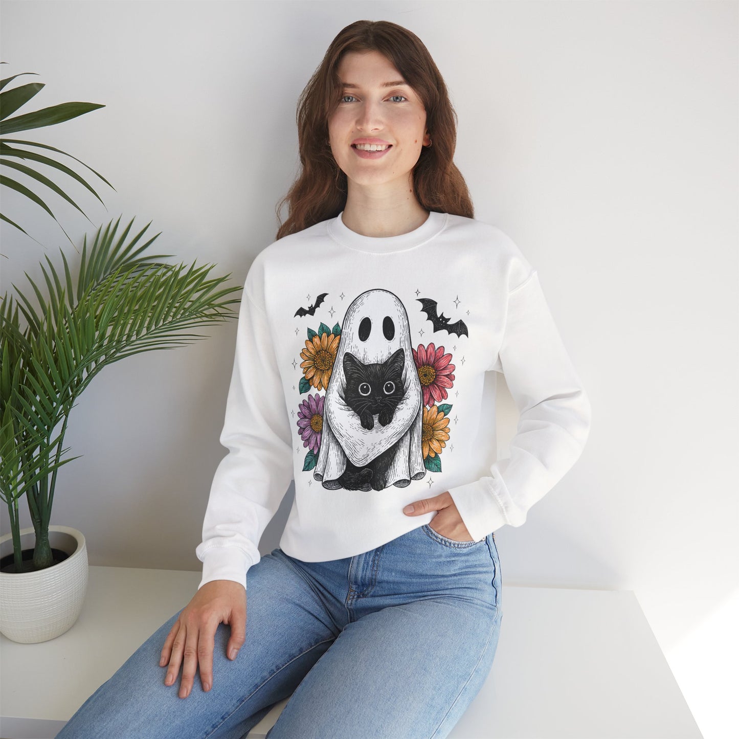 Halloween Cat Ghost Sweatshirt, Cozy Crewneck Sweater, Fall Fashion, Unisex Sweatshirt, Gift for Cat Lovers, Cute Halloween Apparel