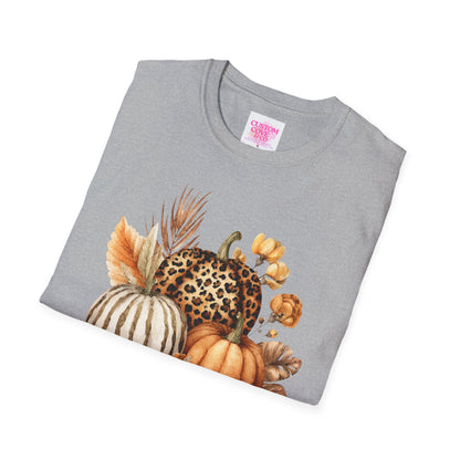 Autumn Pumpkin Tee, Cozy Fall T-Shirt for Women, Unisex Softstyle Shirt, Halloween Outfit, Thanksgiving Apparel, Seasonal Graphic Tee