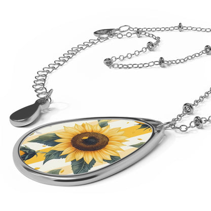 Sunflower Oval Necklace — Teardrop Floral Pendant Necklace