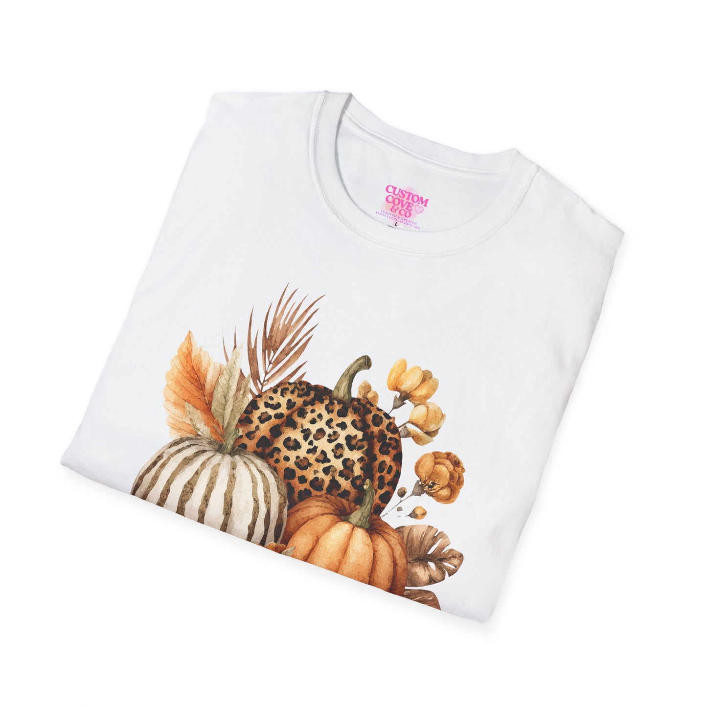 Autumn Pumpkin Tee, Cozy Fall T-Shirt for Women, Unisex Softstyle Shirt, Halloween Outfit, Thanksgiving Apparel, Seasonal Graphic Tee
