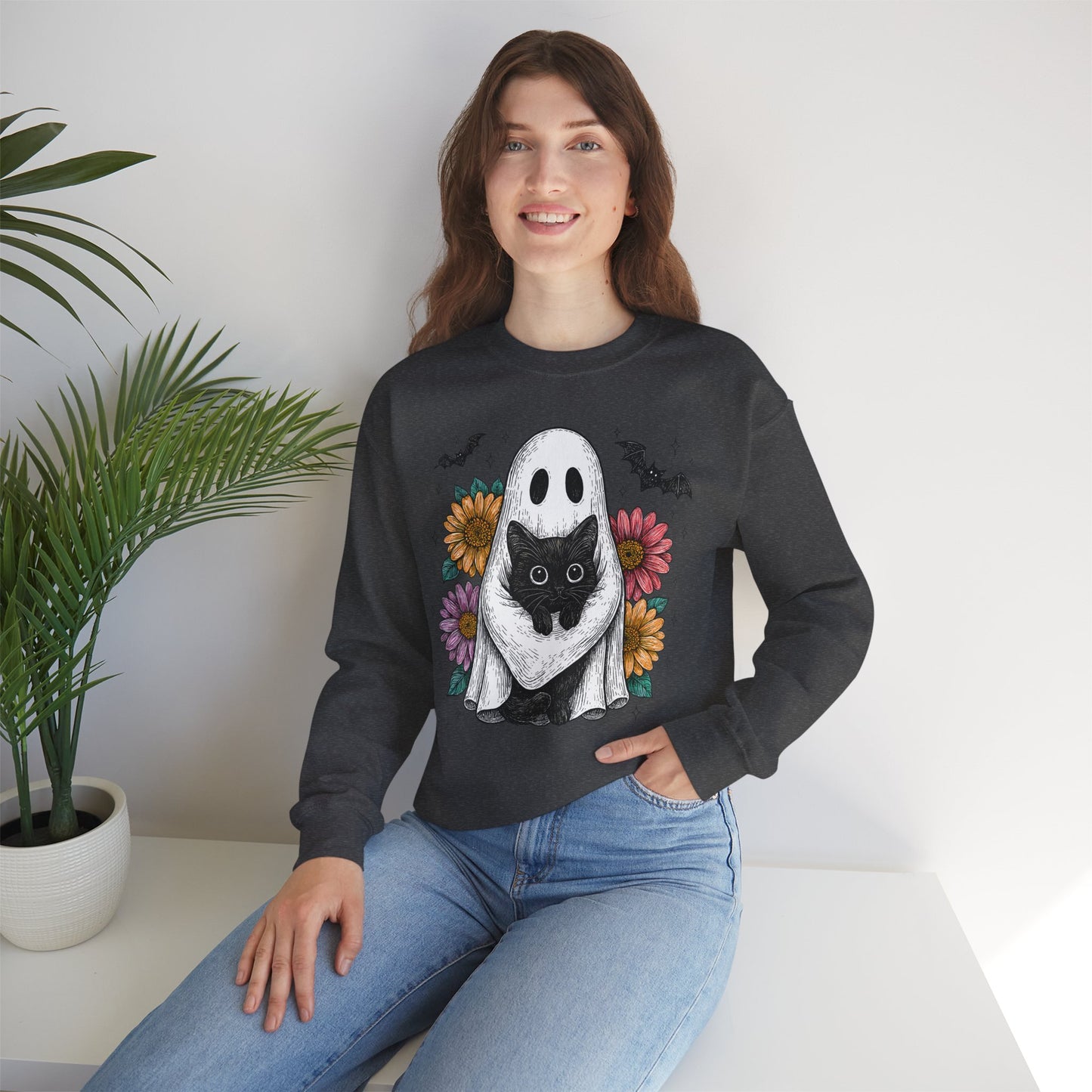 Halloween Cat Ghost Sweatshirt, Cozy Crewneck Sweater, Fall Fashion, Unisex Sweatshirt, Gift for Cat Lovers, Cute Halloween Apparel