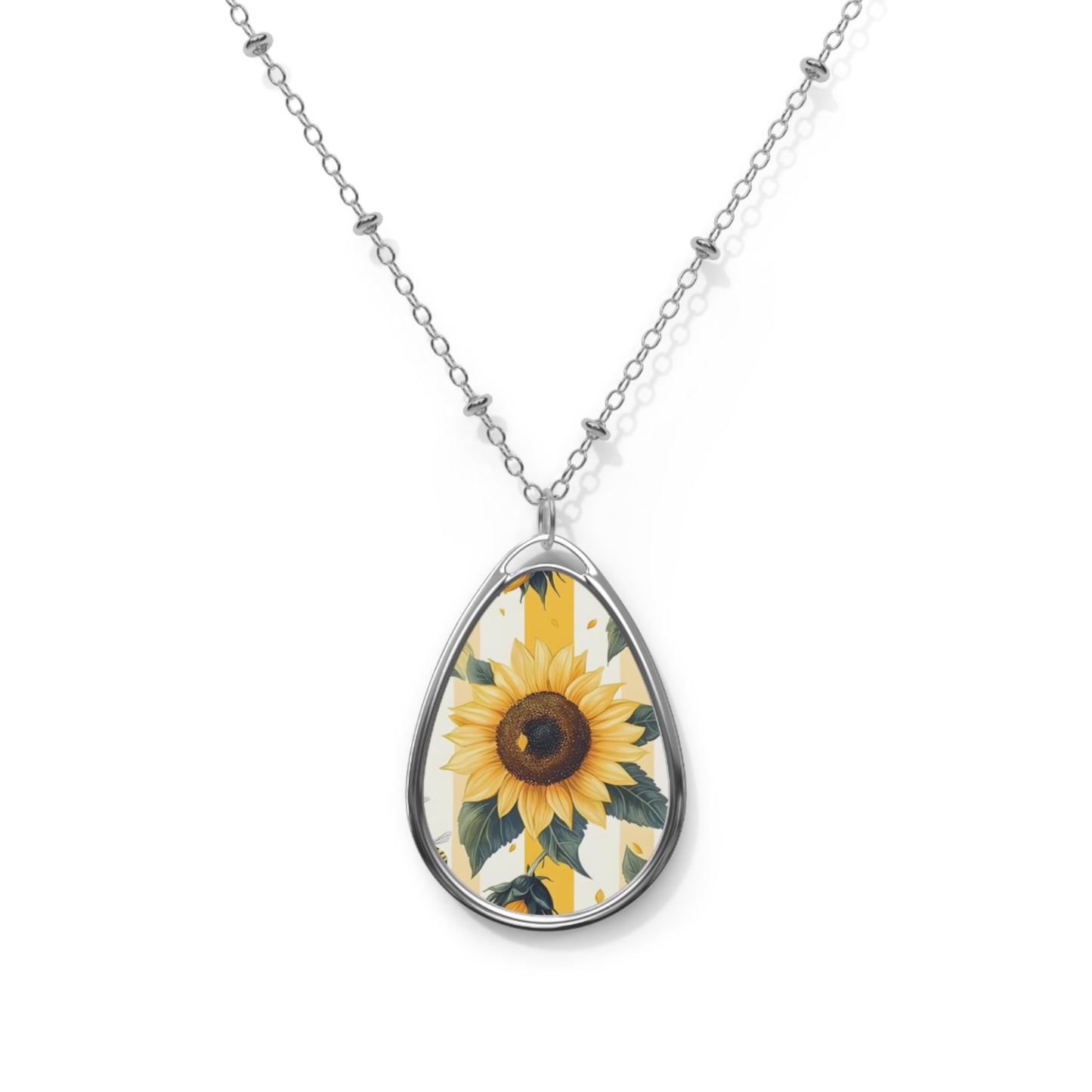 Sunflower Oval Necklace — Teardrop Floral Pendant Necklace
