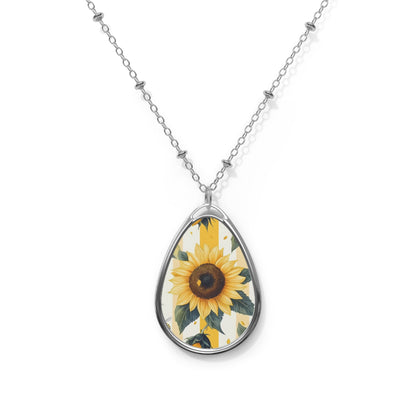 Sunflower Oval Necklace — Teardrop Floral Pendant Necklace
