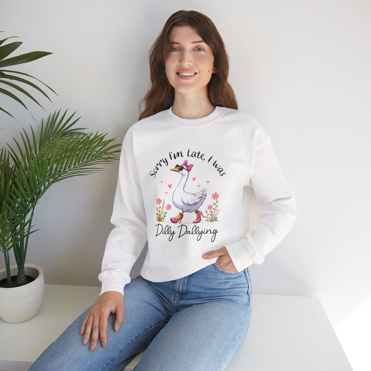 Whimsical Duck Sweatshirt, Sorry I'm Late, Cute Crewneck, Perfect for Casual Outfits, Gift for Animal Lovers, Fun Fall Apparel