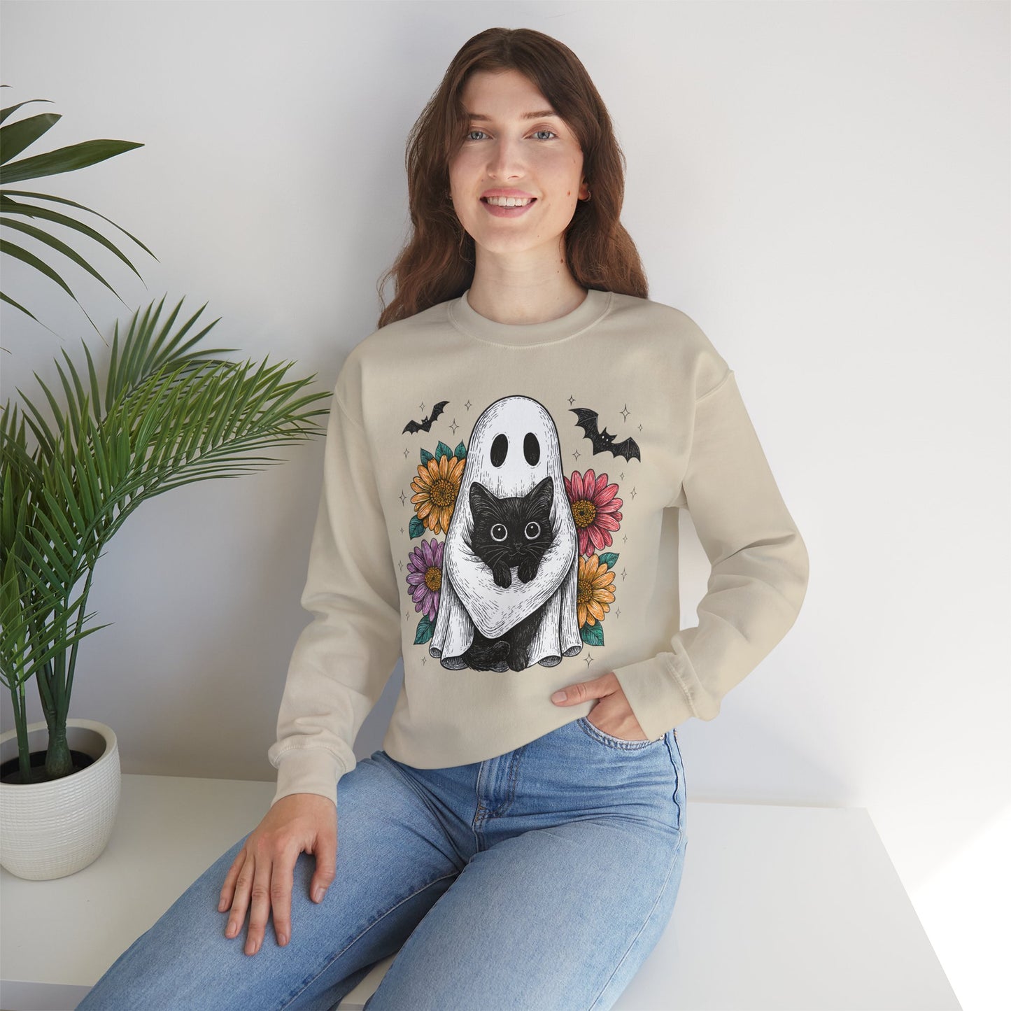 Halloween Cat Ghost Sweatshirt, Cozy Crewneck Sweater, Fall Fashion, Unisex Sweatshirt, Gift for Cat Lovers, Cute Halloween Apparel