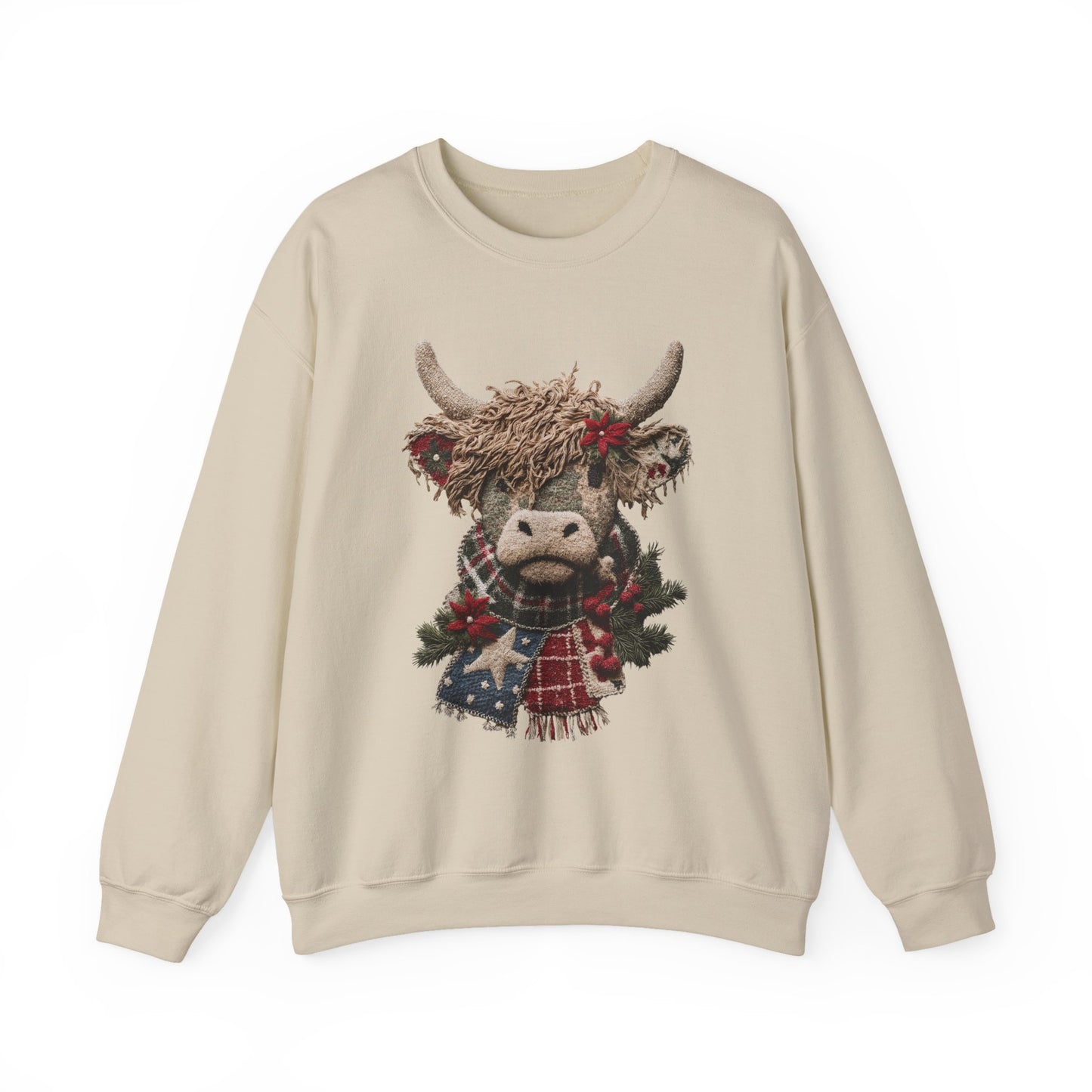 Cozy Holiday Crewneck Sweatshirt with Festive Highland Cow Design