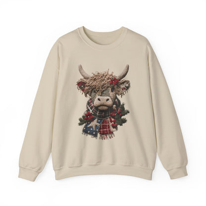 Cozy Holiday Crewneck Sweatshirt with Festive Highland Cow Design