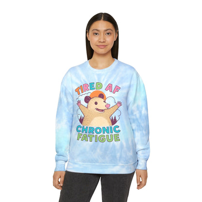Unisex Tie-Dye Sweatshirt: Tired AF Chronic Fatigue, Cozy Casual Wear, Gift for the Sleepy, Relaxation Apparel, Trendy Fashion Statement