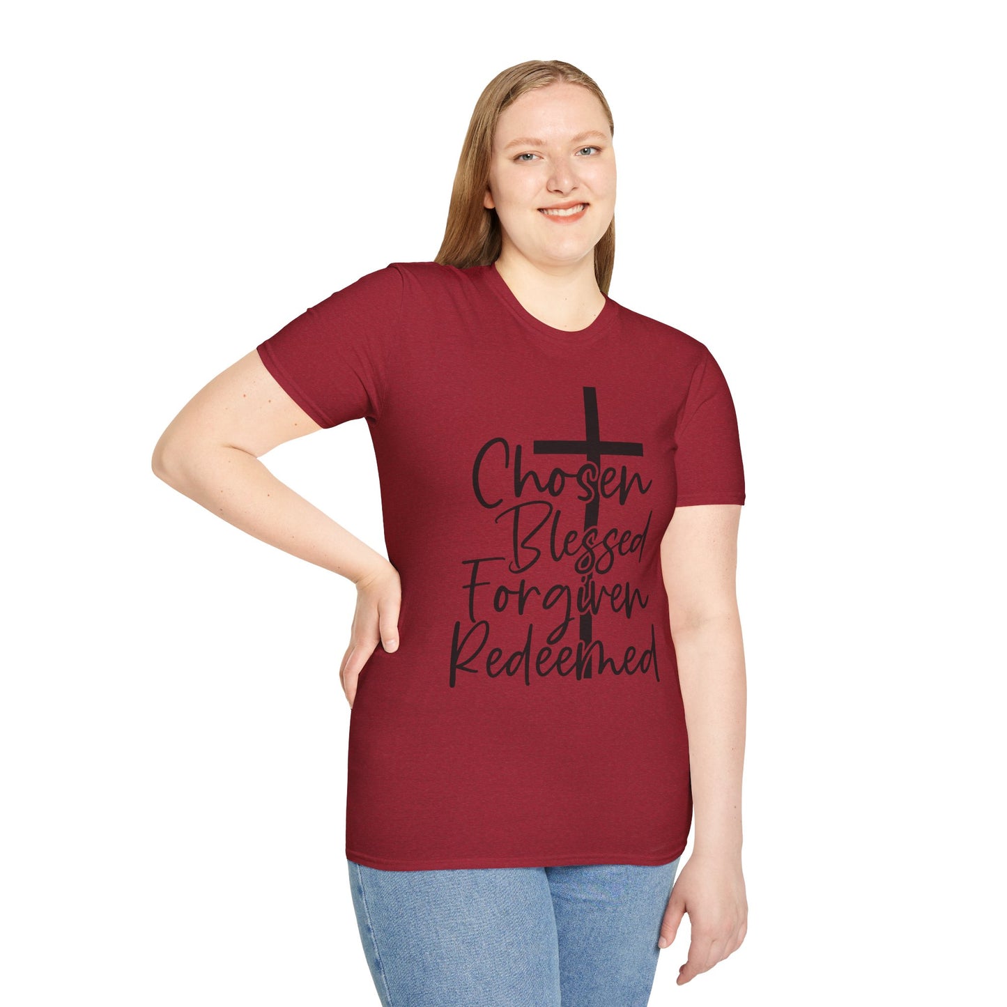Faith-Inspired Unisex T-Shirt, Chosen Blessed Forgiven Redeemed Tee, Christian Apparel, Inspirational Gifts, Casual Wear, Spiritual Clothing